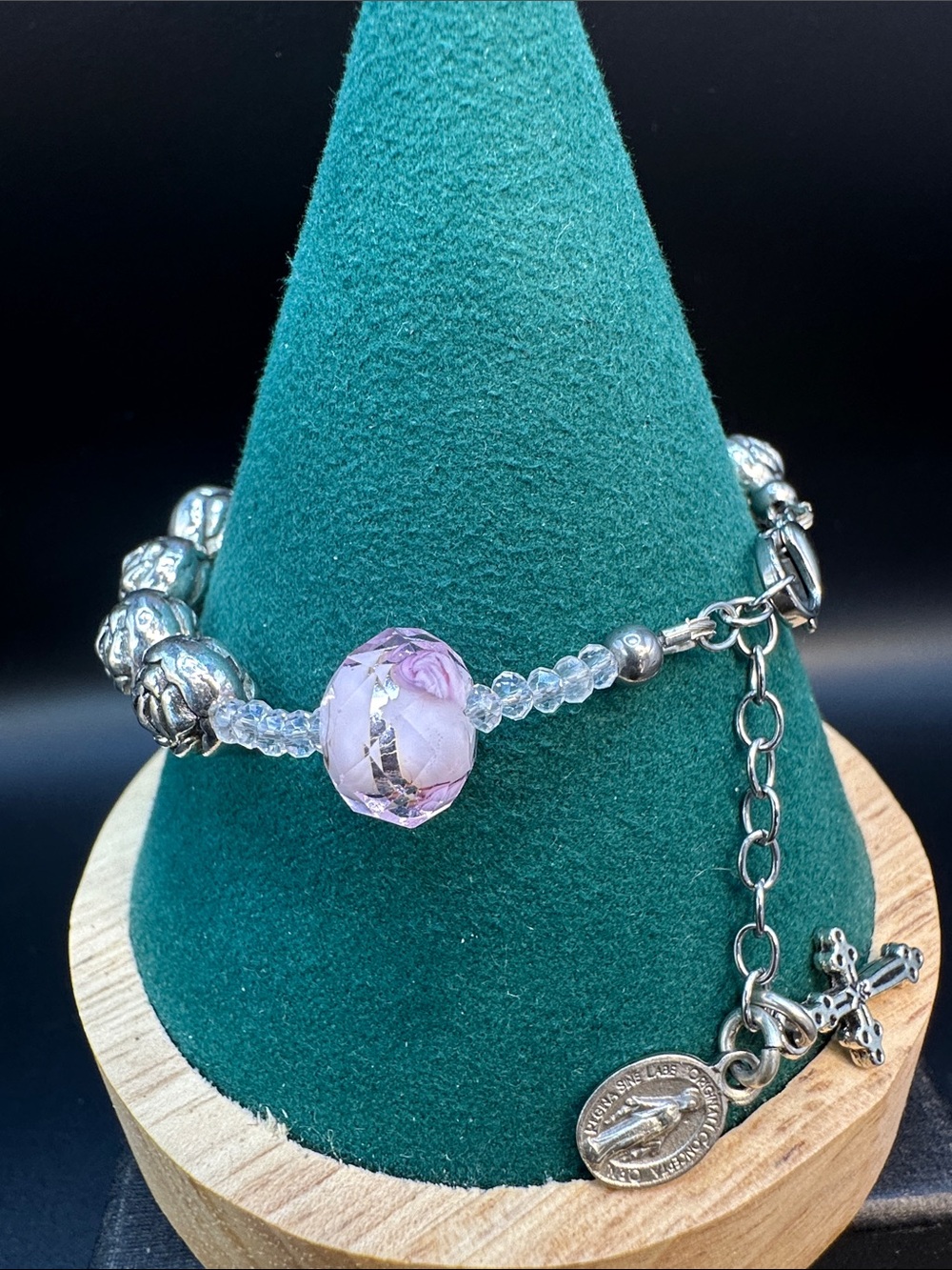 Faith Inspired Silver Rose Bead Bracelet Miraculous Medal Cross Charm Lampwork - Picture 2 of 7